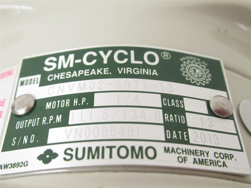 Sumitomo CNVM02-5077-13; Gear Motor; 1/4HP; 220V; 1720RPM;