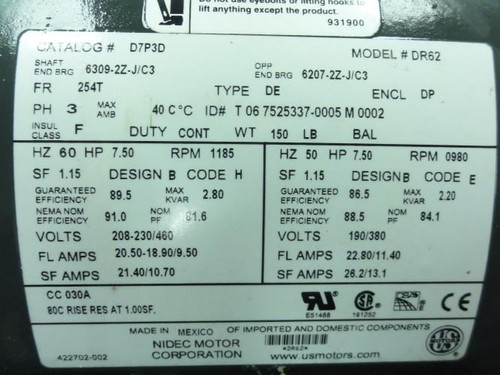 US Motors D7P3D; AC Motor; 7-1/2Hp; 1185RPM; 230/460V