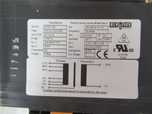 Wittlich 20524401; Transformer 0.5Ka Pri: 480v Sec: 230V