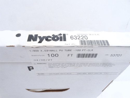 Nycoil 63220; Box-100'; Clear Air Hose; 1/8"OD x 031" Wall