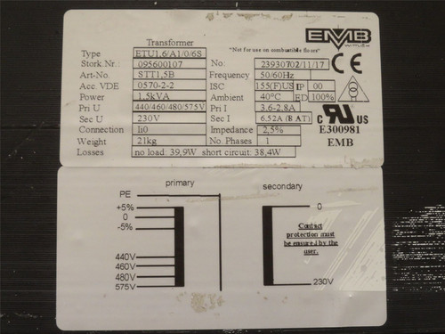 EMB ETU1;6/A1/0/6S; Transformer; 1.5kVa 440/460/480/575V Prime