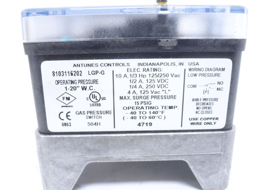 Antunes 8103116202; Gas Pressure Switch 1 – 20" W.C.