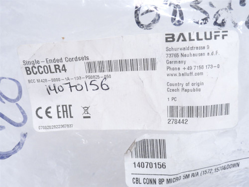 Balluff BCCOLR4; Angled  M12x1 Female Connector; 90Deg; 8-Pin