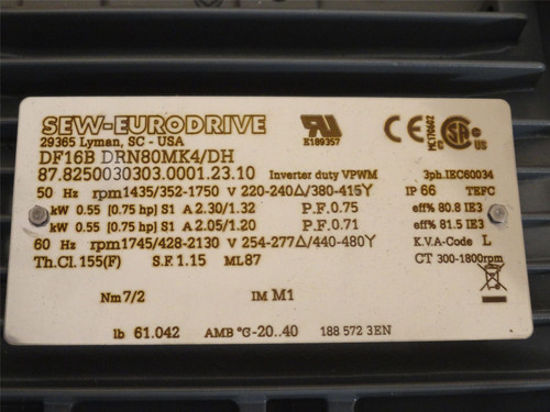 SEW DF16BDRN80MK4/DH; AC Gear Motor 0.55kW; 380-415V; 1750RPM