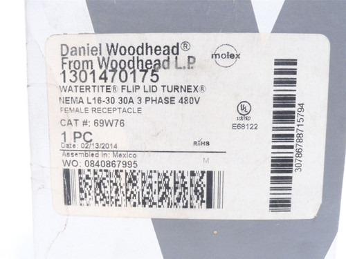 Woodhead 69W76; Watertight Locking Receptacle 30A NEMA L16-30