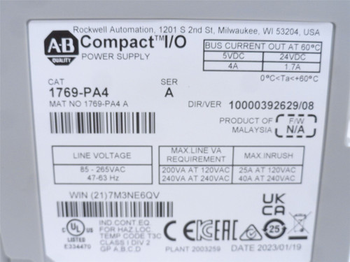 Allen-Bradley 1769-PA4; Expansion Power Supply; 120/240VAC In