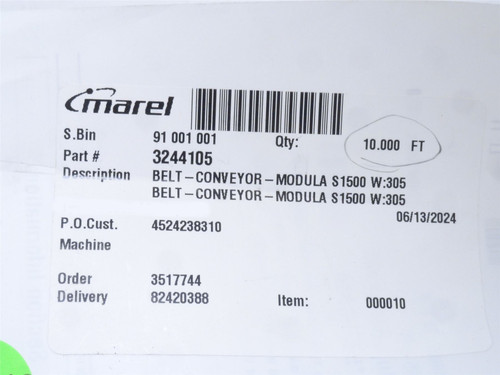 Marel 3244105; White Plastic Belting 305mmW x 10ft