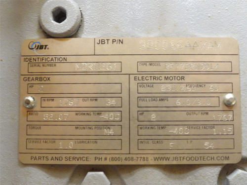 JBT 320066AAXAM; AC Gearmotor 52:1 Ratio 2HP 230/460V; 1767RPM