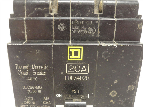 Square D EDB34020; Circuit Breaker; 20A; 3P; 277/480VAC