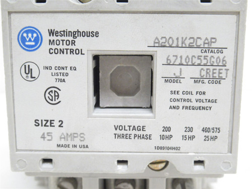 Westinghouse A201K2CAP; Contactor 45A 3P 575VAC; Coil 110/120V
