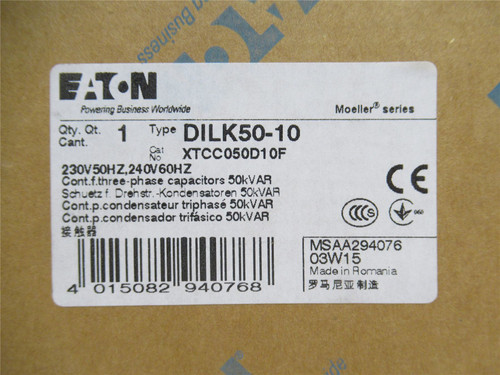 Eaton XTCC050D10F; IEC Capacitor Contactor 50A; 3P; 600VAC