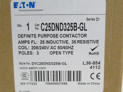 Eaton C25DND325B-GL; Contactor 25A 3P 600VAC; Coil 208-240VAC