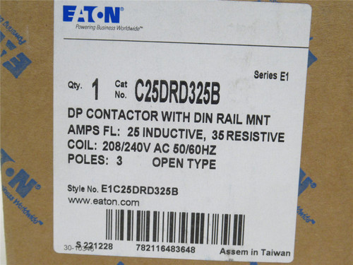 Eaton C25DRD325B; Contactor 25A; 3P; 600V; Coil: 240VAC