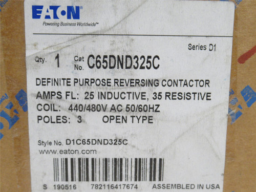 Eaton C65DND325C; Reversing Contactor 25A 3P 600VAC Coil 480V