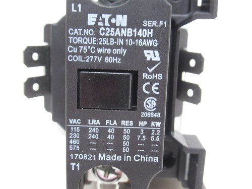 Eaton C25ANB140H; Contactor 40A; 1P; 600VAC; Coil: 277VAC