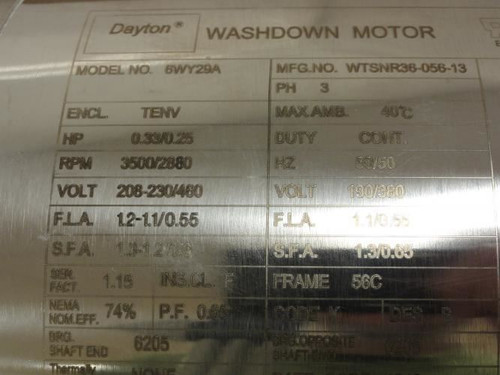 Dayton 6WY29A; AC Motor 1/3Hp; 208-230/460V; 3500RPM; 3PH