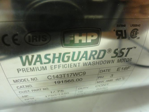 FHP 191565; Washdown Motor 1/0.75Hp; 230/190/460/380V