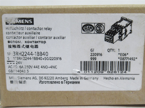 Siemens 3RH2244-1BB40; Contactor; 6A; 24VAC; Coil: 24VDC; 8P