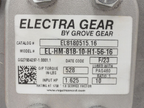 Grove Gear EL-HM818-10-H1-56-16; Gearbox; 1.625HP; 10:1 Ratio
