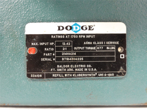 Dodge 214HA214; Gearbox; 12.42 HP; 2:1 Ratio; 140TC/140T