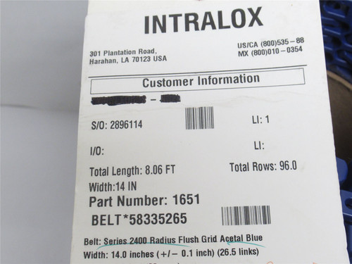 Intralox 58335265; Conveyor Belt Ser: 2400 14" Wide x 8' Long
