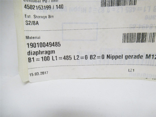 Multivac 19010049485; Diaphragm Bag; 100mm Wide x 485mm Long