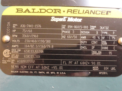 Baldor 894-06015-000; AC Motor 75HP 230/460V 3560RPM 3Ph