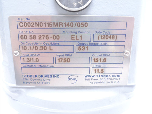 Stober C002N0115MR140/050; Inline Gearbox; 11.5:1 Ratio