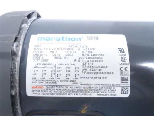 Marathon P107A; Jet Pump Motor 3HP; 230/460V; 3450RPM; 3PH