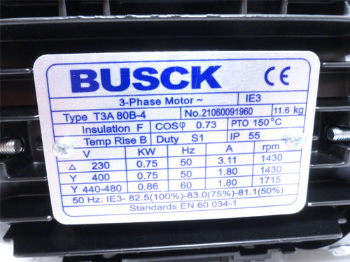 Busk T3A80B-4; AC Motor; 0.86kW; 440-480V; 1715RPM; 3PH; 60HZ