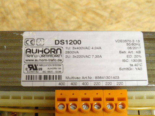 Multivac 85641301403; AUHORN Transformer md# DS1200 - 2800VA