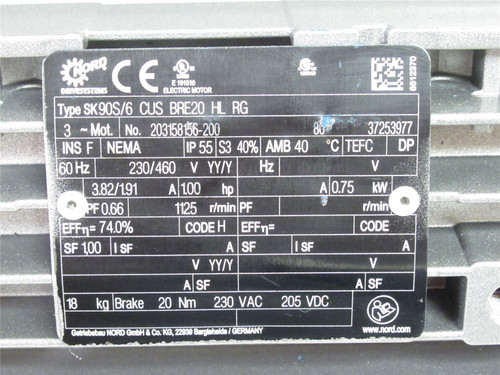 Nord SK90S/6 CUS BRE20 HL RG; Brake Motor; 1HP; 230/460VAC