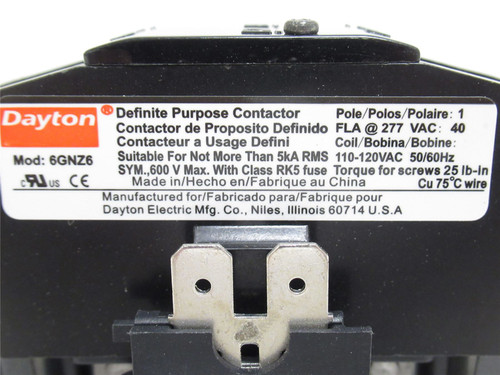 Dayton 6GNZ6; Contactor; 40A; 24VAC; 1+N Pole; Coil: 120VAC