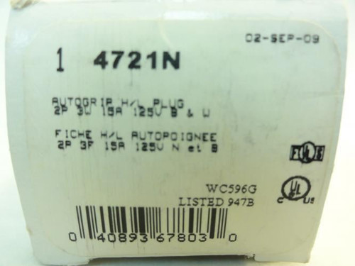 Cooper 4721N; Locking Plug; 2P; 3-Wire; 15A; 125V