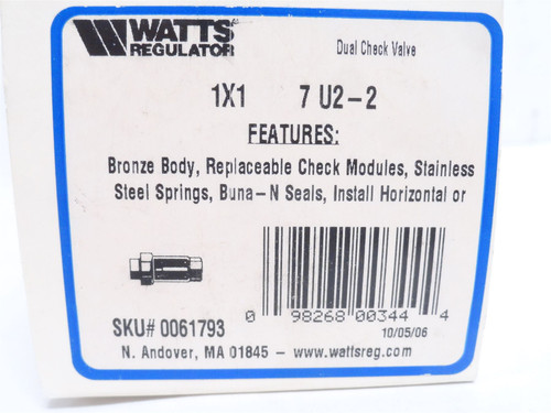 Watts 7 U2-2; Bronze Backflow Preventer Dual Check Valve 1NPT