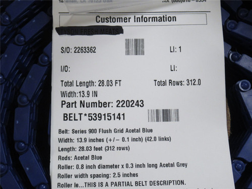 Intralox 53915141; Flush Grid Acetal Blue Belt; 13.9"Wx28ft