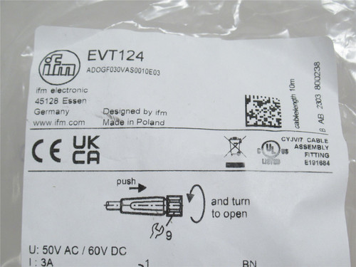 IFM EVT124; Female Cordset; 90Deg; 10m Long; 50VAC/60VDC
