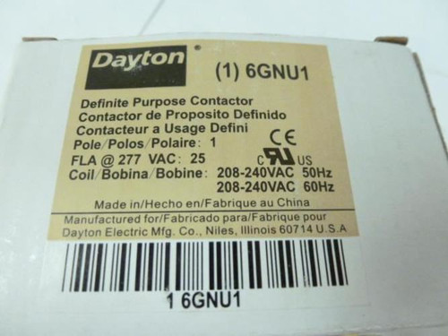 Dayton 6GNU1; Compact Contactor 25A 1P 277VAC Coil: 208-240VAC