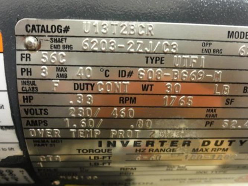 Emerson U13T2BCR; MOTOR With VFD; .33HP; 480V 3-ph