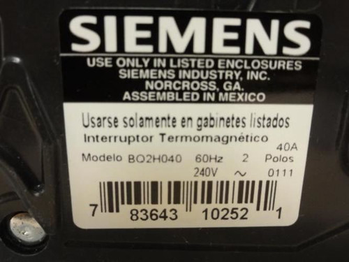 Siemens BQ2H040; Circuit Breaker; BQ; 2P; 40A; 240VAC