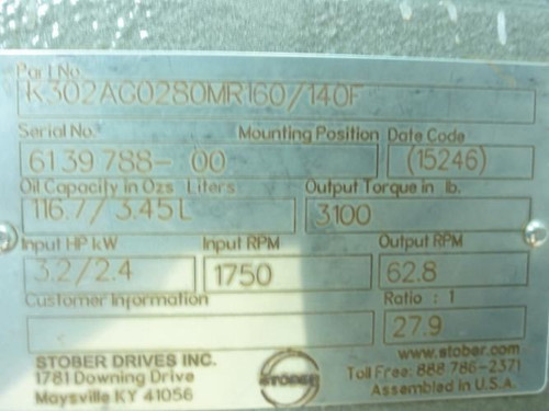 Stober Drives K302AG0280MR160/140F; Gearbox; 27.9:1 Ratio
