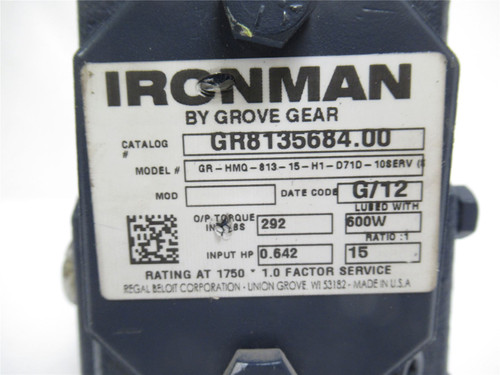 Grove Gear GR-HMQ-813-15-H1-D71D; Gear Reducer; RA 15:1 Ratio