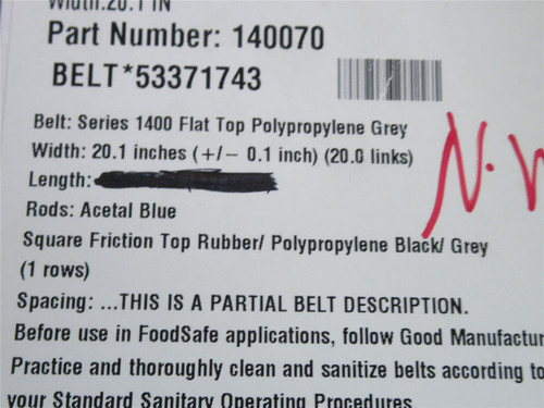 Intralox S1400-20.1-9; Series 1400 Conveyor Belt; 9'L x 20.1"W