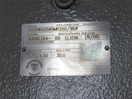 Stober K613WG0580MR200/180F; Gearbox 58:1 Ratio 30RPM out