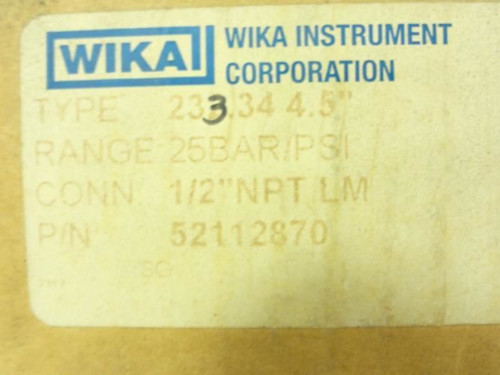 Wika 52112870; Pressure Gauge; 0-25bar; 1/2"NPT; 4.5" Dial