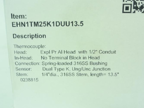 Reotemp EHN1TM25K1DUU13.5; Thermocouple Assembly; 1/2"NPT