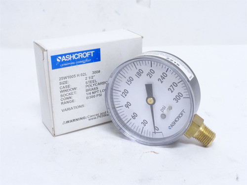 Ashcroft 25W1005H02L300#; Pressure Gauge 0-300PSI 2-1/2" Dial