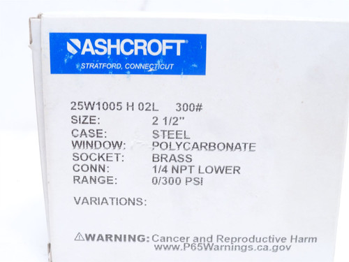 Ashcroft 25W1005H02L300#; Pressure Gauge 0-300PSI 2-1/2" Dial