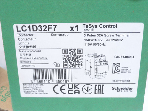 Schneider LC1D32F7; Contactor 32A 3P 400VAC Coil: 110VAC