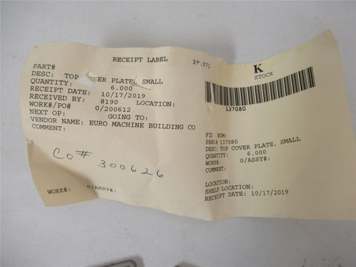 Euro Machine Bldg 137080; Lot-4 Top Cover Plate Small